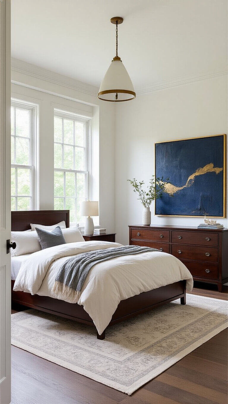 Full room view blending traditional crown molding and mirrored chest with modern platform bed and abstract navy and gold artwork, shot with wide-angle lens for depth.