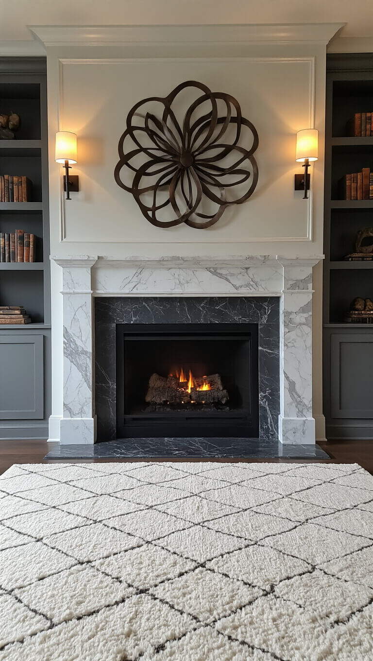 Evening shot of elegant master bedroom fireplace wall with marble surround, black steel insert, gray built-in bookcases, abstract metal wall art, and ivory geometric rug.