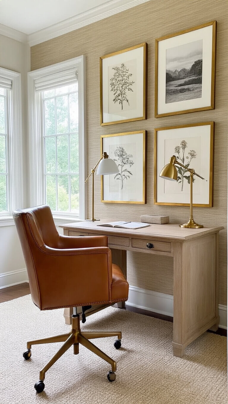 Bedroom workspace nook with oak writing desk, cognac leather chair, brass lamp, and gallery wall, bathed in morning light.