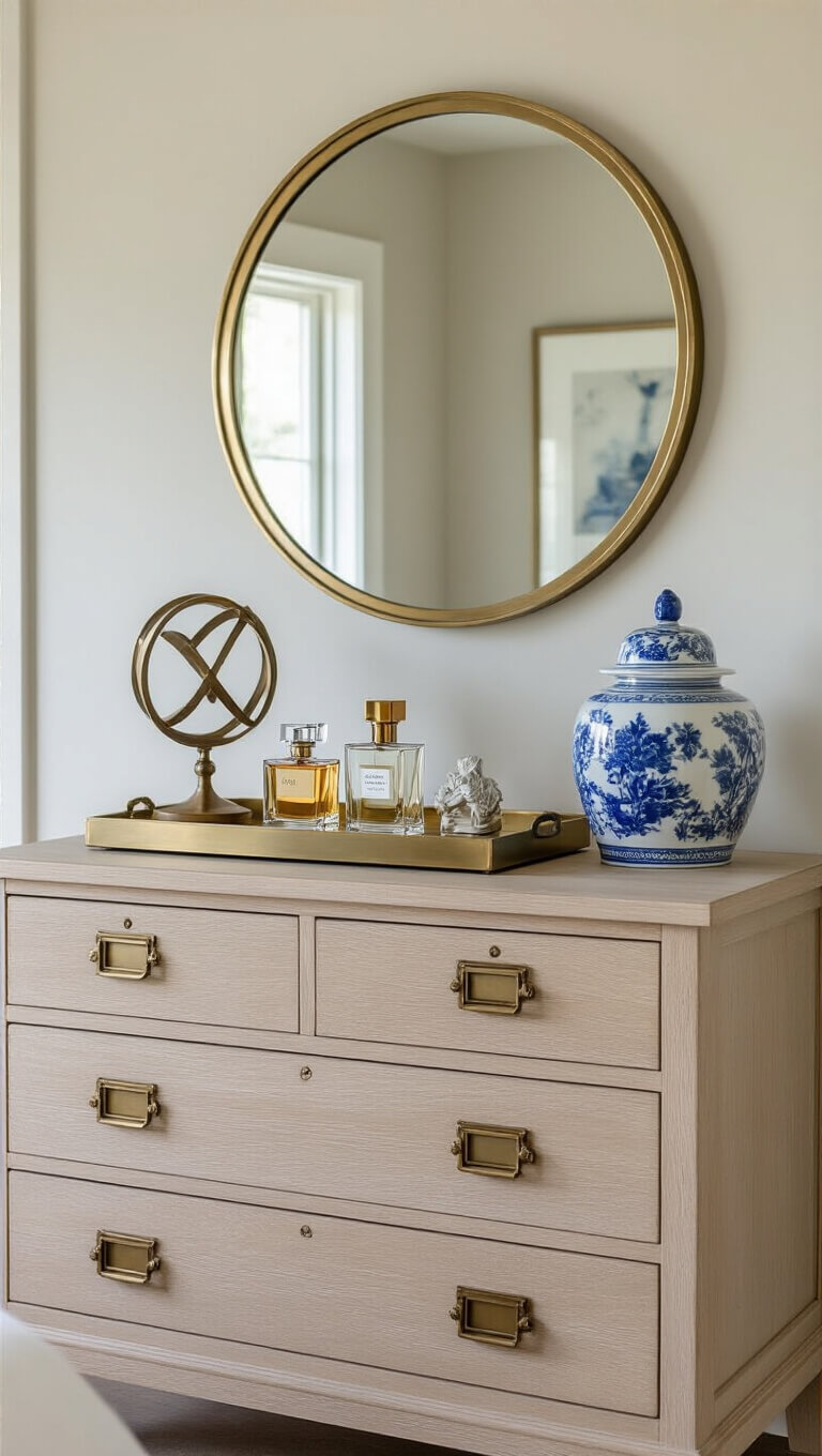 Bleached oak dresser with brass hardware, topped with vintage and modern decor, beneath a round brass-framed mirror in bright, mid-morning light.