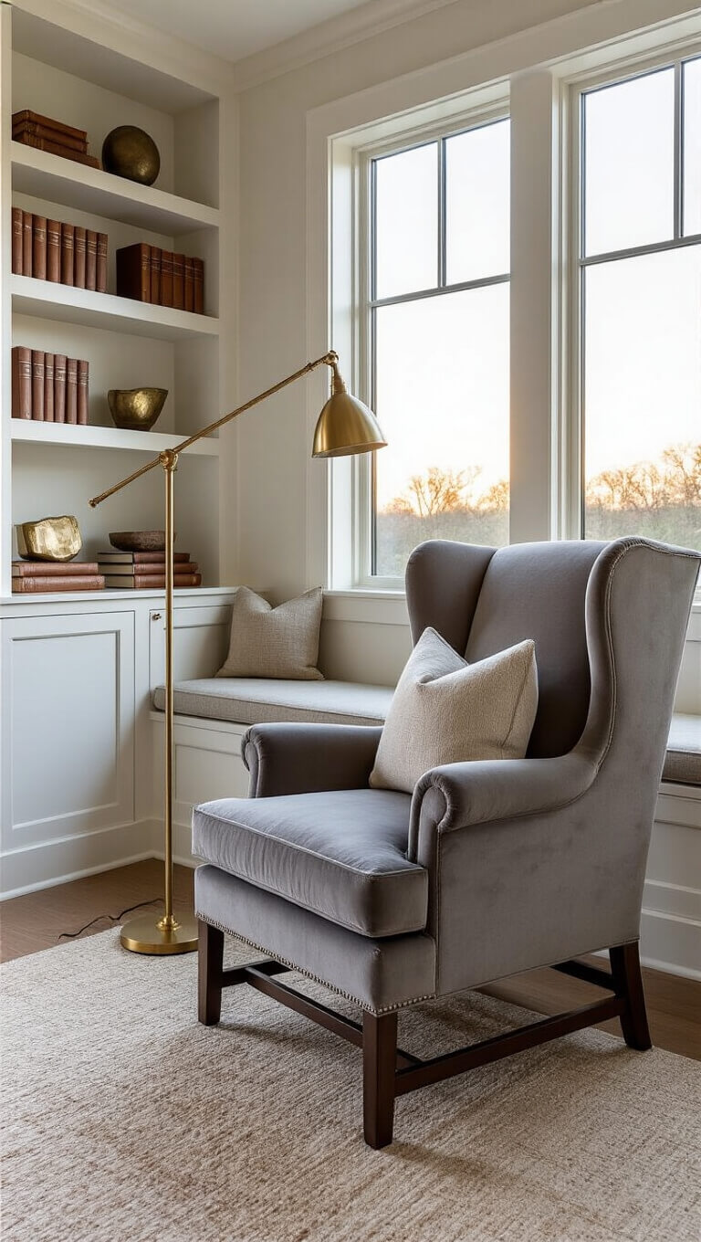 Cozy reading corner with gray wing chair, brass floor lamp, window seat with linen cushion, and shelves holding vintage books and metallic decor, lit by sunset.