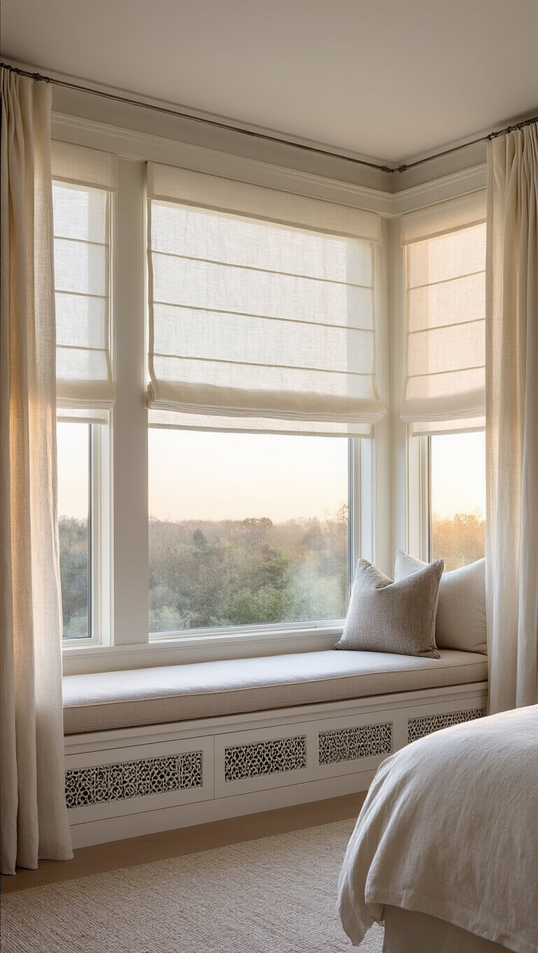 Transitional bedroom window wall at dawn with sheer linen and silk curtains, recessed motorized shade, geometric radiator cover, and cushioned window seat with mixed-style pillows.