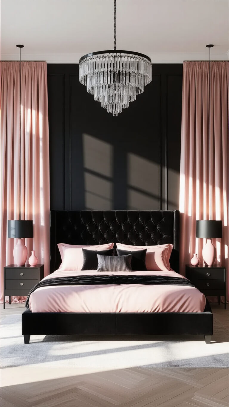 Luxurious bedroom with black accent wall, king bed with tufted headboard, pink curtains, crystal chandelier, and layered blush and black bedding.