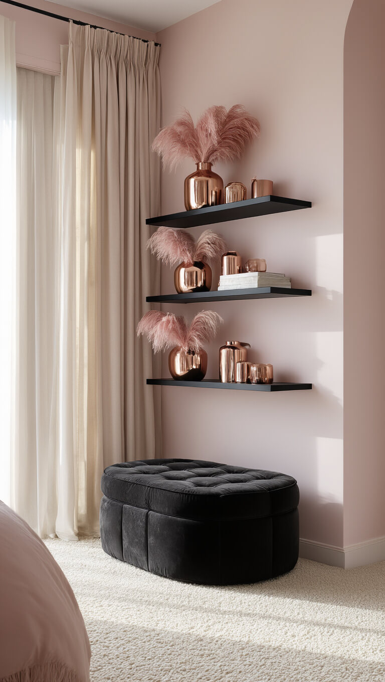 Luxurious bedroom corner with pink walls, black floating shelves displaying metallic vases with pink pampas grass, black velvet ottoman under a round black-framed mirror, cream carpet, silk curtains, and rose gold accents in morning light.