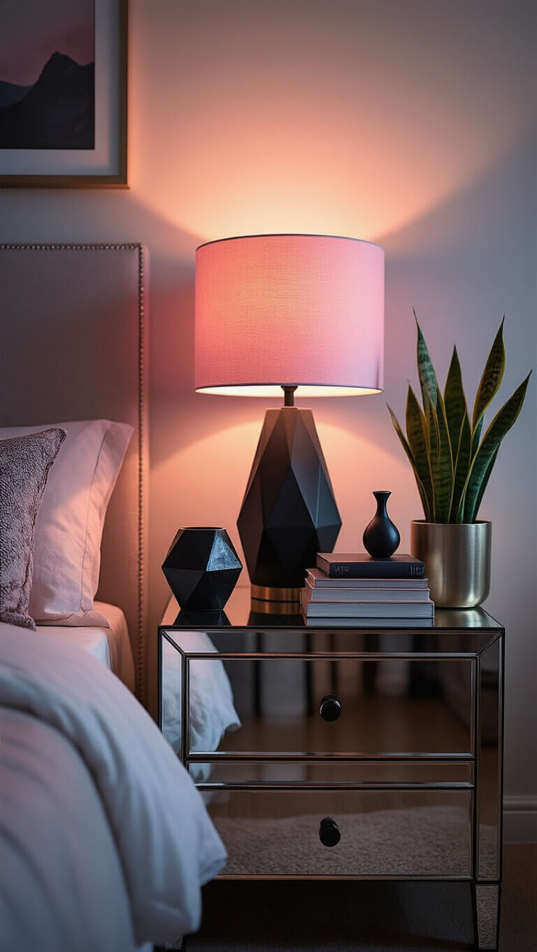 Intimate evening bedside scene with pink LED glow, mirrored nightstand, geometric lamp, art books, ceramic sculpture, and snake plant in metallic planter.