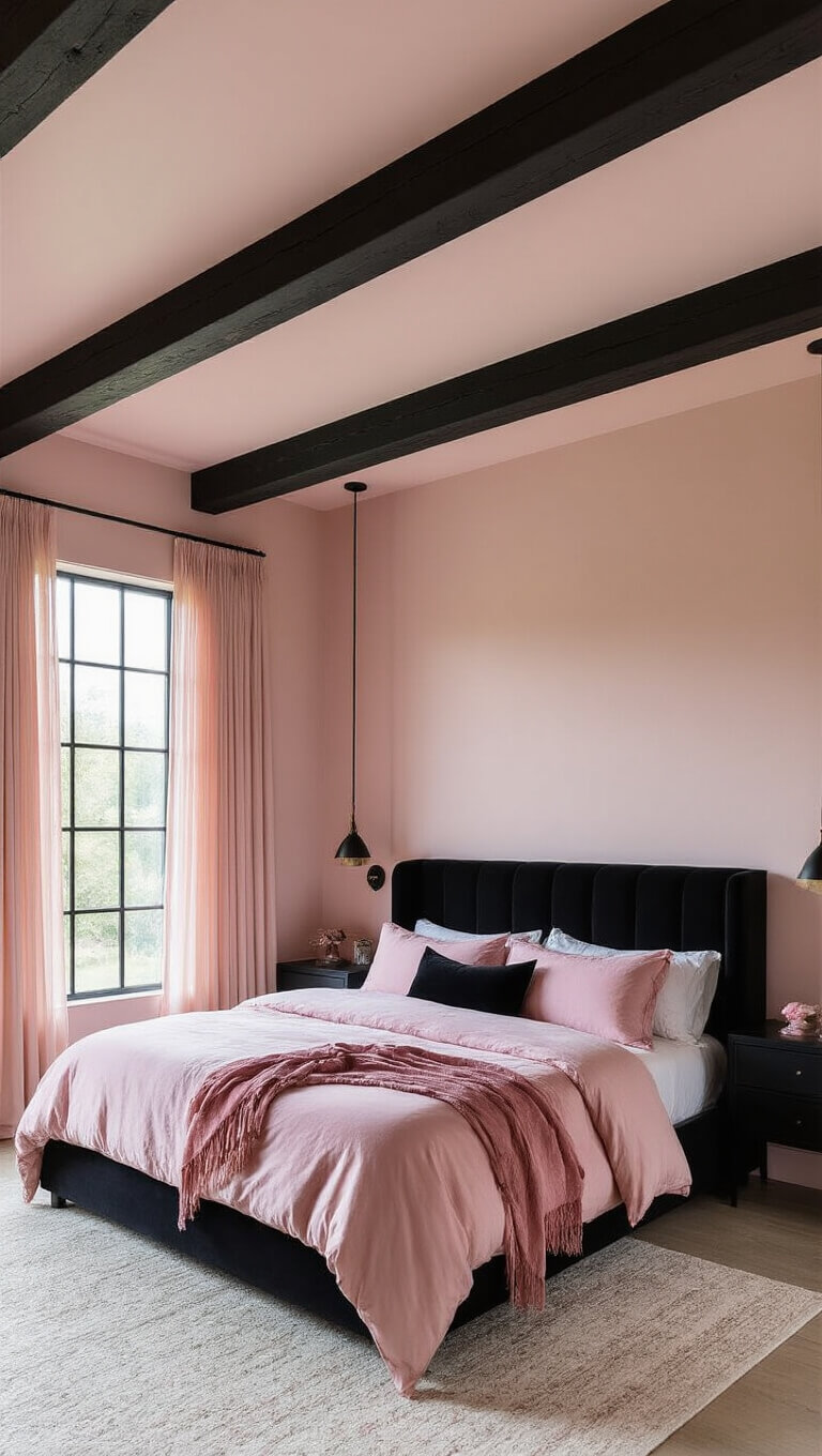 Wide-angle view of a pink and black bedroom with blush walls, black ceiling beams, a king bed in pink silk and black velvet, floating nightstands, and sheer pink curtains filtering golden hour light.