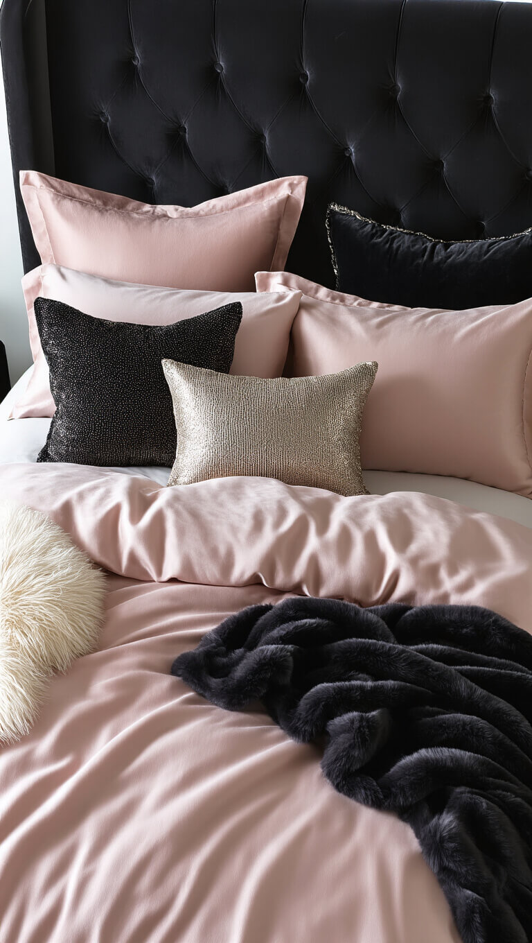 Luxurious bedding with black velvet tufted headboard, ballet pink silk sheets, textured decorative pillows, and a black cashmere throw, viewed from above.