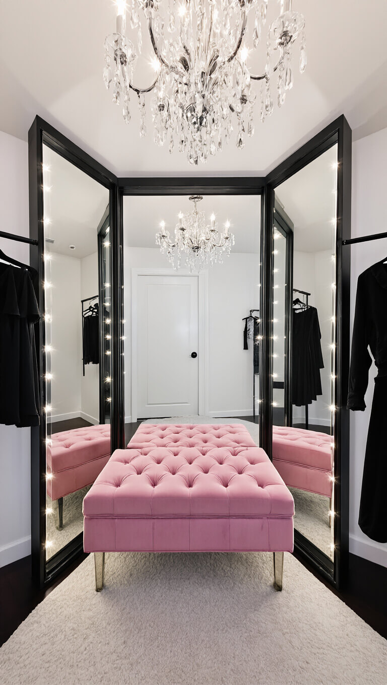 Elegant dressing area with black-framed triple mirror, pink velvet bench, chandelier reflections, and curated wardrobe on black rack.
