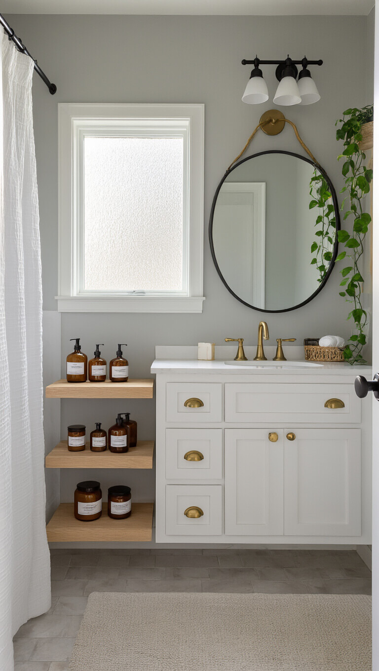 Compact 5x7ft bathroom with floating white vanity, brass hardware, round mirror, black fixtures, gray Revere Pewter walls, oak shelves with amber glass toiletries, white shower curtain, and trailing pothos in natural morning light.