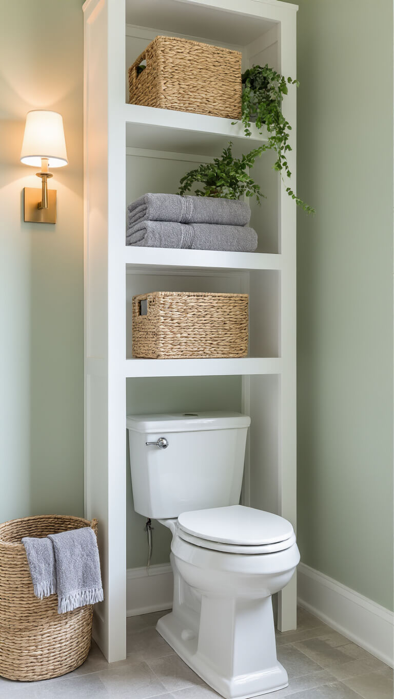 Low-angle view of white over-toilet shelving with seagrass baskets, gray towels, greenery, and warm sconce lighting in a sage green 6x6ft bathroom.