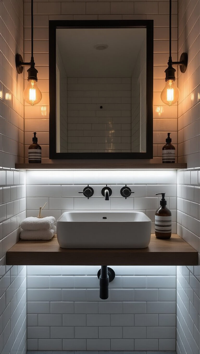 Tiny bathroom with ambient LED shelf lighting and dimmed vintage bulbs highlighting a mirror, matte black hardware contrasting white subway tiles at dusk.