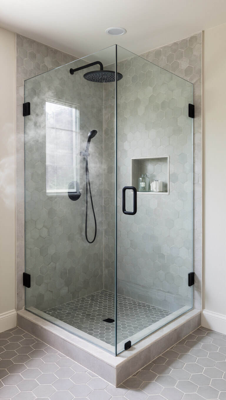 Modern corner shower with pale gray hexagonal tiles, matte black rainfall showerhead, built-in glass shelf, and soft ambient steam.