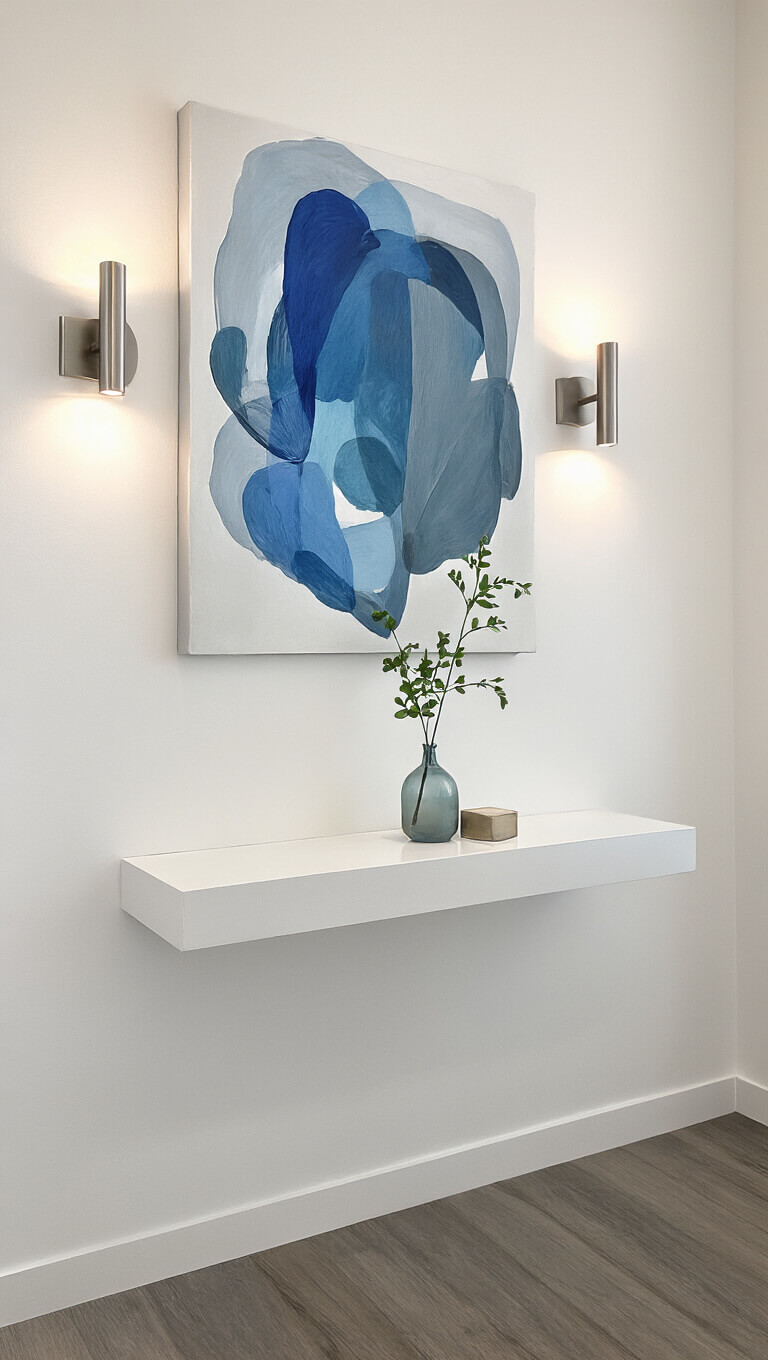 Statement bathroom wall with large abstract blue-gray art, asymmetrical brushed nickel sconce, minimal shelf holding bud vase, and white gallery-style walls.