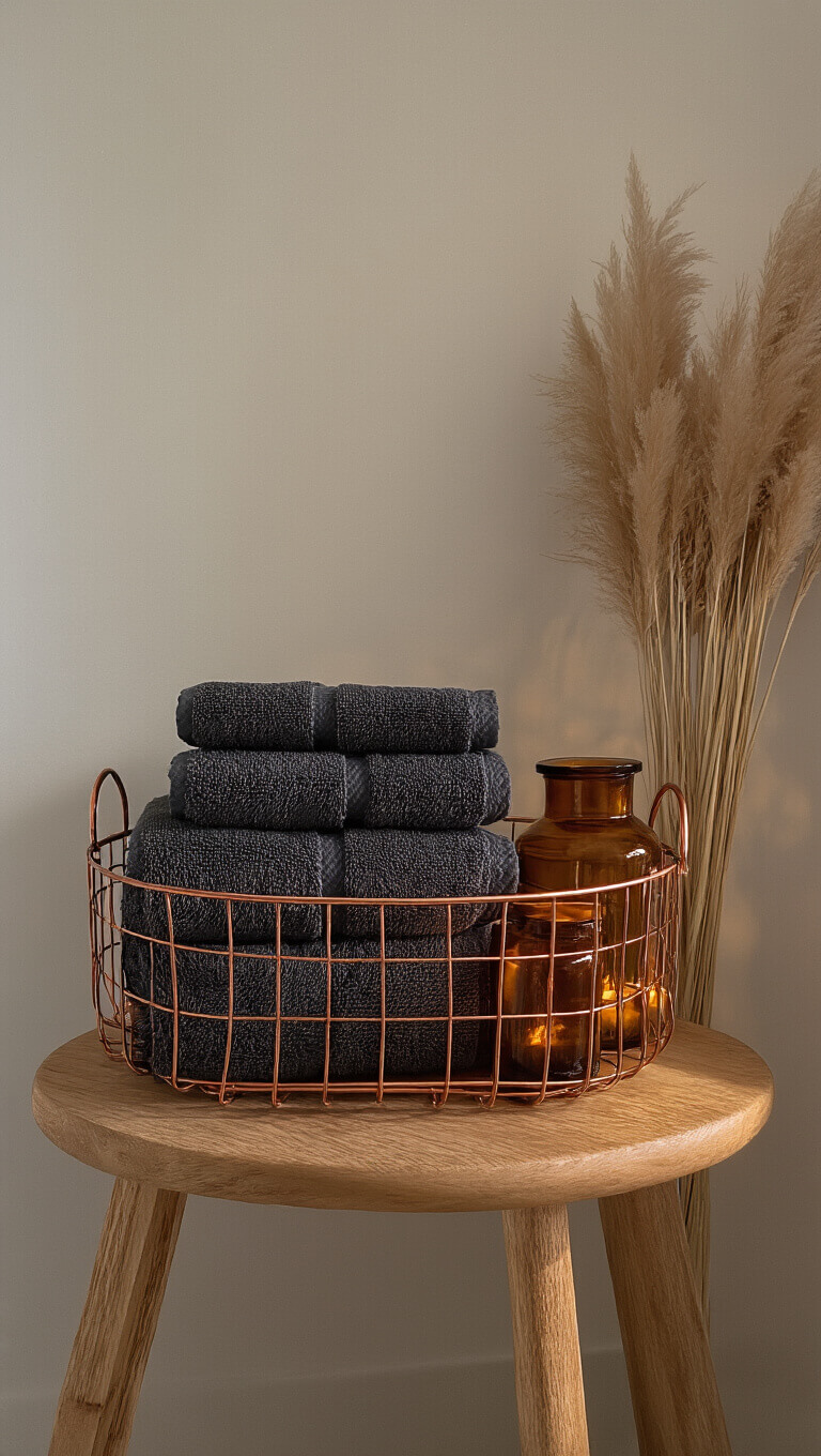 Cozy fall bathroom with copper basket of dark towels, wooden stool with amber glass jars and pampas grass, warm LED lighting, and moody shadows.