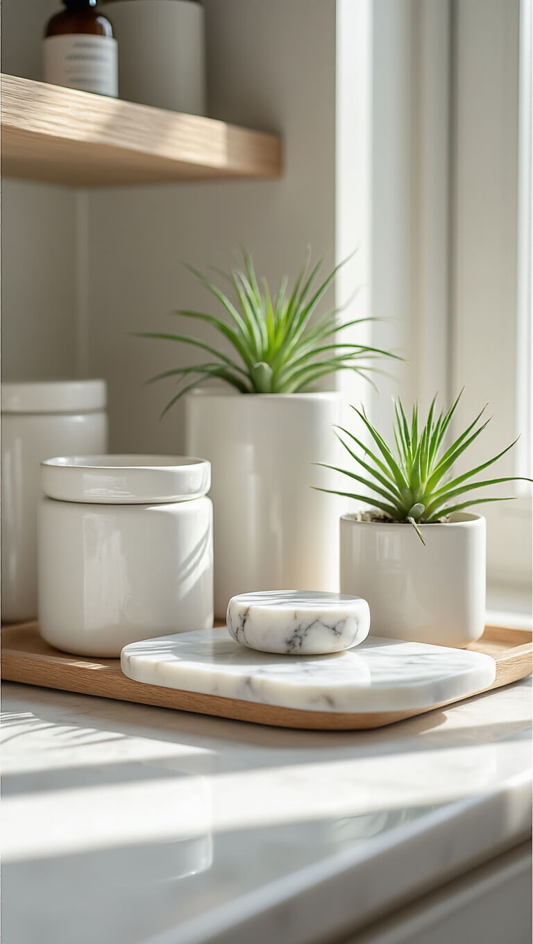Macro view of styled bathroom shelf with white ceramic containers, air plant, and marble tray in soft natural light.