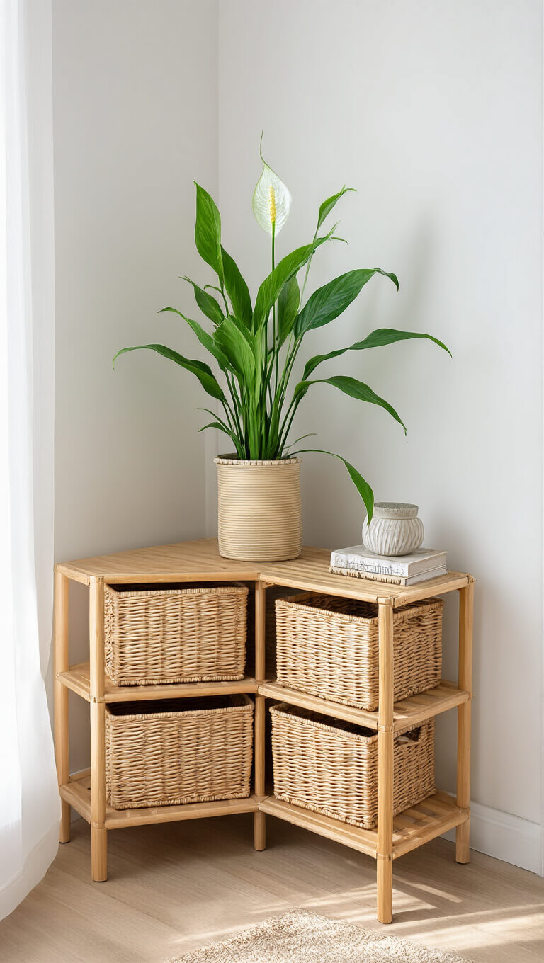 High-angle view of bamboo corner shelf with woven baskets, peace lily, and minimal decor in natural morning light.