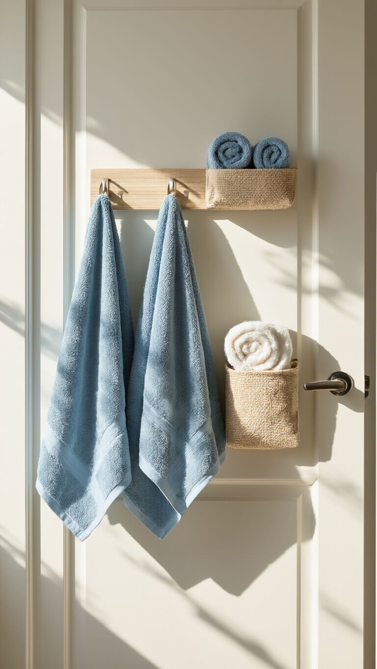 Mounted bathroom door organizer with Turkish towels and natural fiber pockets holding rolled washcloths, lit by afternoon sunlight with soft background blur.