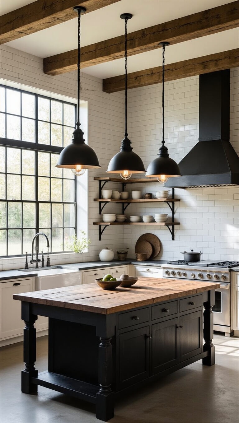 Industrial farmhouse kitchen with morning light, featuring a reclaimed wood island, fireclay sink, subway tile backsplash, and open pipe shelving.