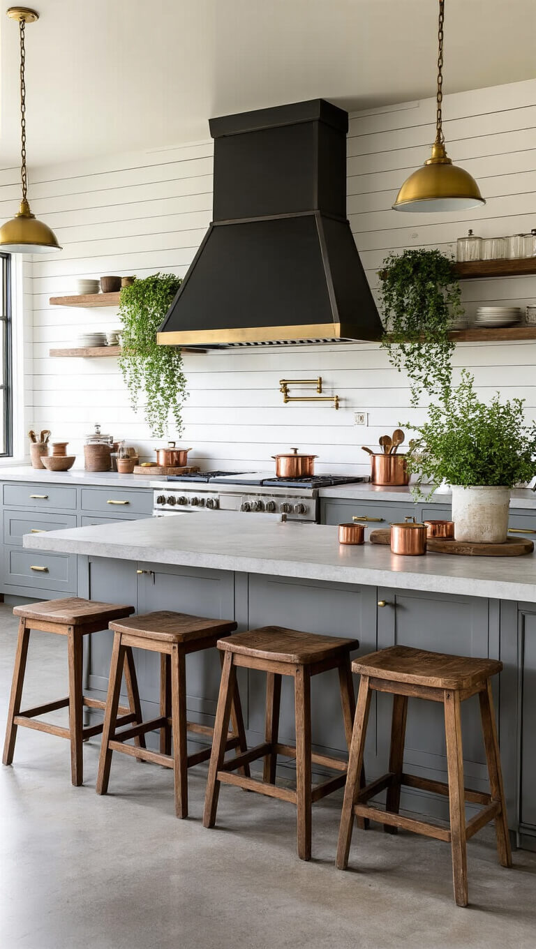 Industrial farmhouse kitchen with exposed brick, white shiplap, stainless range, black hood, gray cabinets with brass hardware, concrete countertop, vintage stools, and copper and herb decor in golden hour light.
