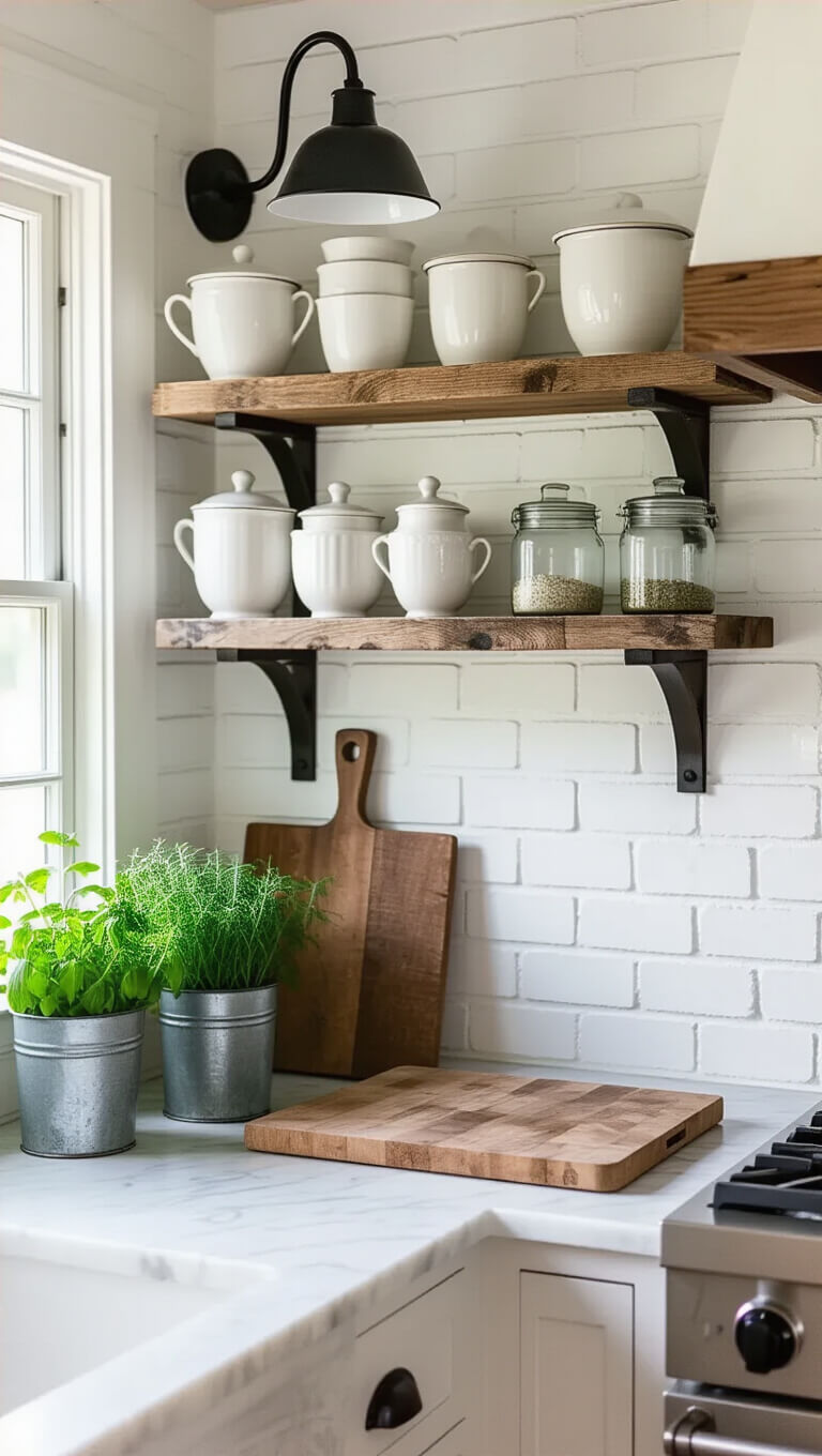 Rustic farmhouse kitchen prep area with white ironstone pottery on wooden shelves, vintage glass canisters, and fresh herbs in zinc planters against a whitewashed brick wall.