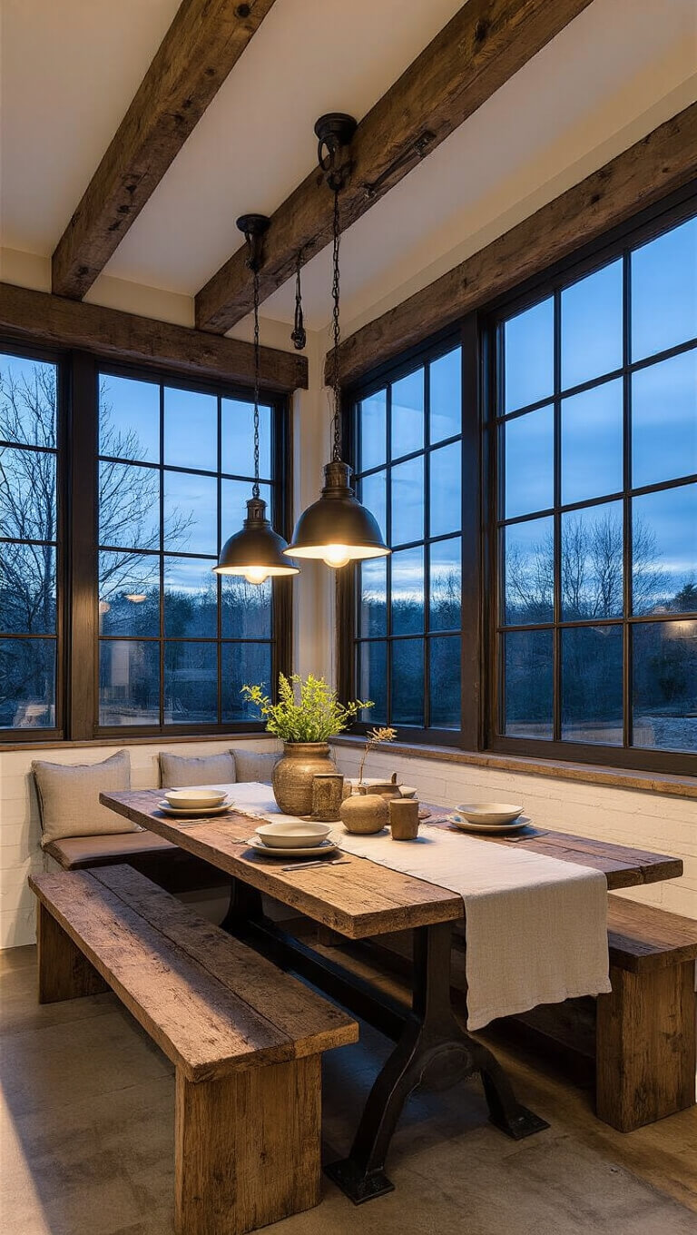 Twilight kitchen nook with antique factory table, warm pendant lighting, vintage stoneware, industrial windows, exposed beams, and moody ambiance.