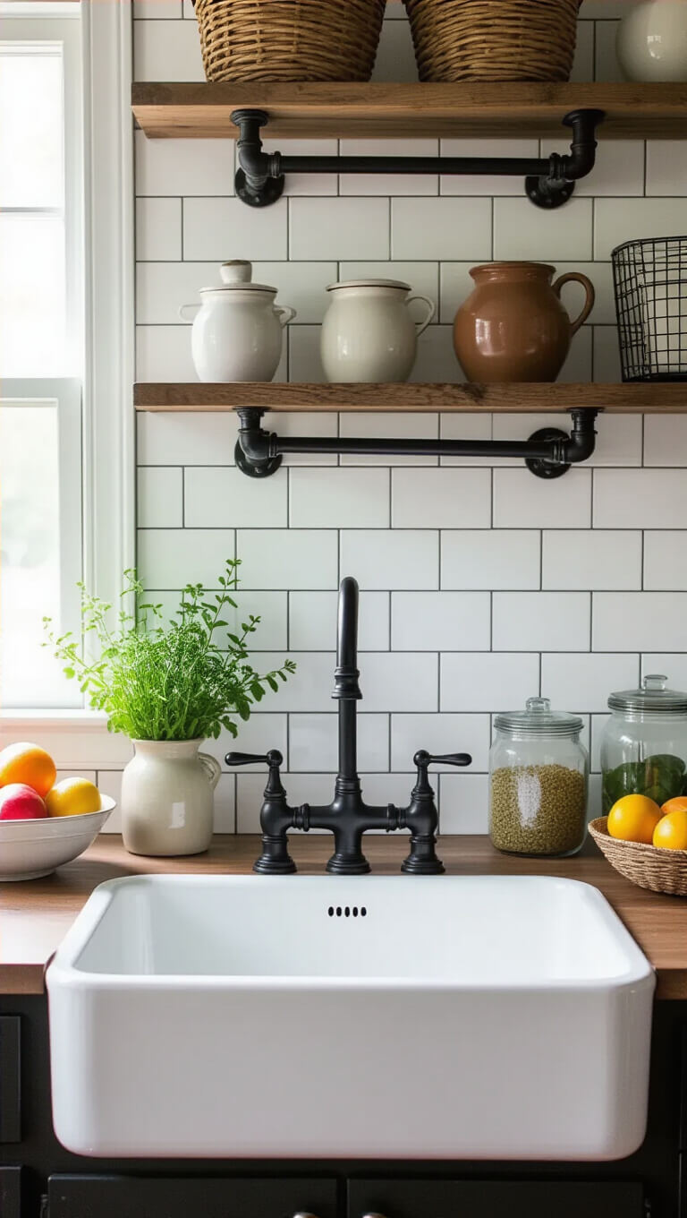 Vintage kitchen with enamel sink, matte black faucet, white subway tiles, industrial shelving, and colorful fresh produce.