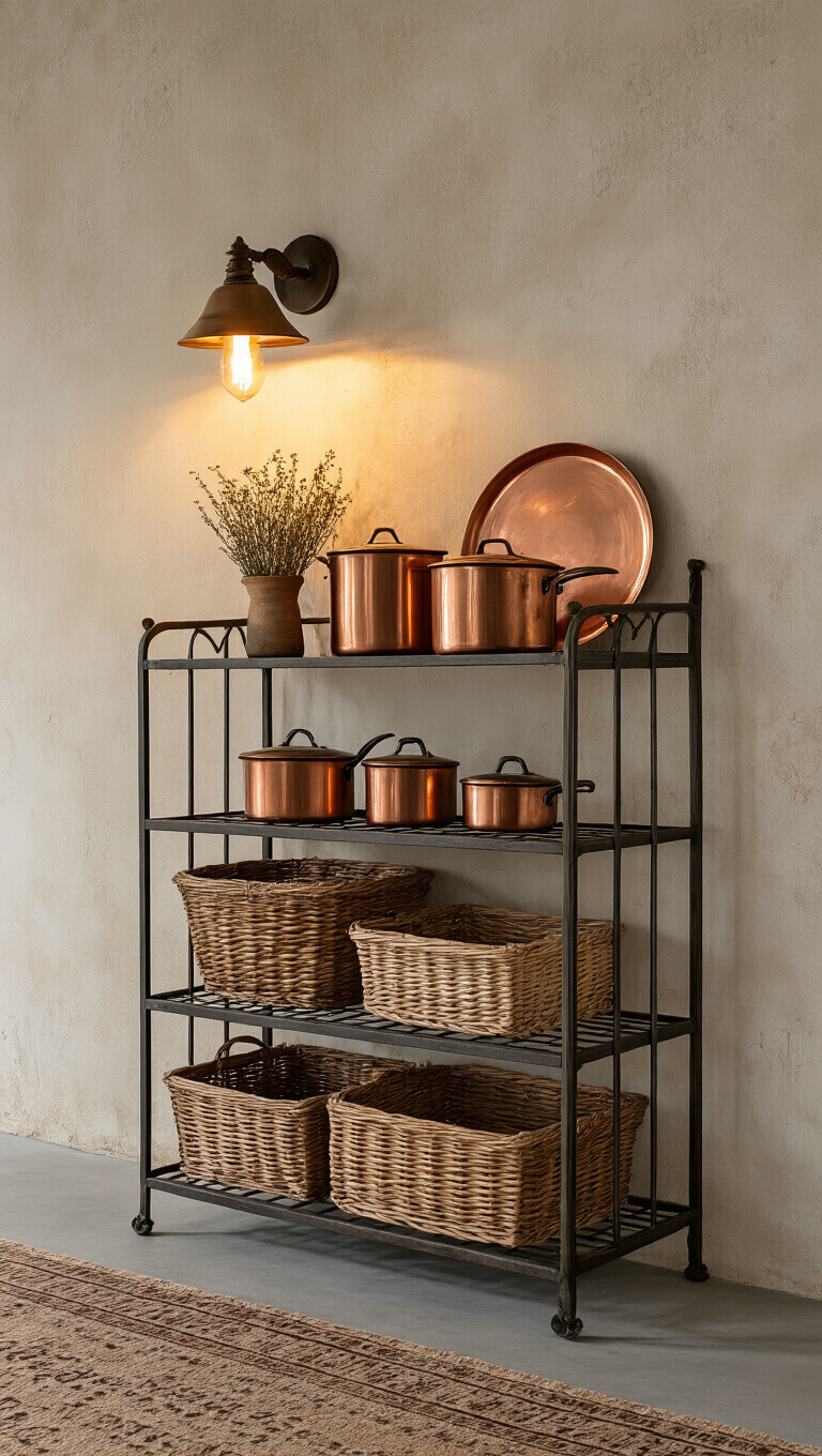 Antique baker's rack with copper pots, baskets, and dried herbs in cozy kitchen corner, warm sconce lighting on plaster walls, vintage rug on concrete floor.