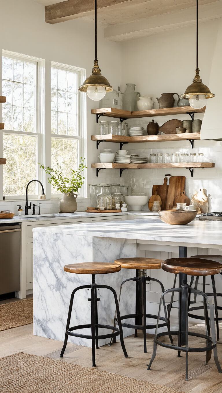 Sunlit kitchen with marble island, black metal base, vintage stools, open shelves, and brass pendant lights in rustic-industrial style.