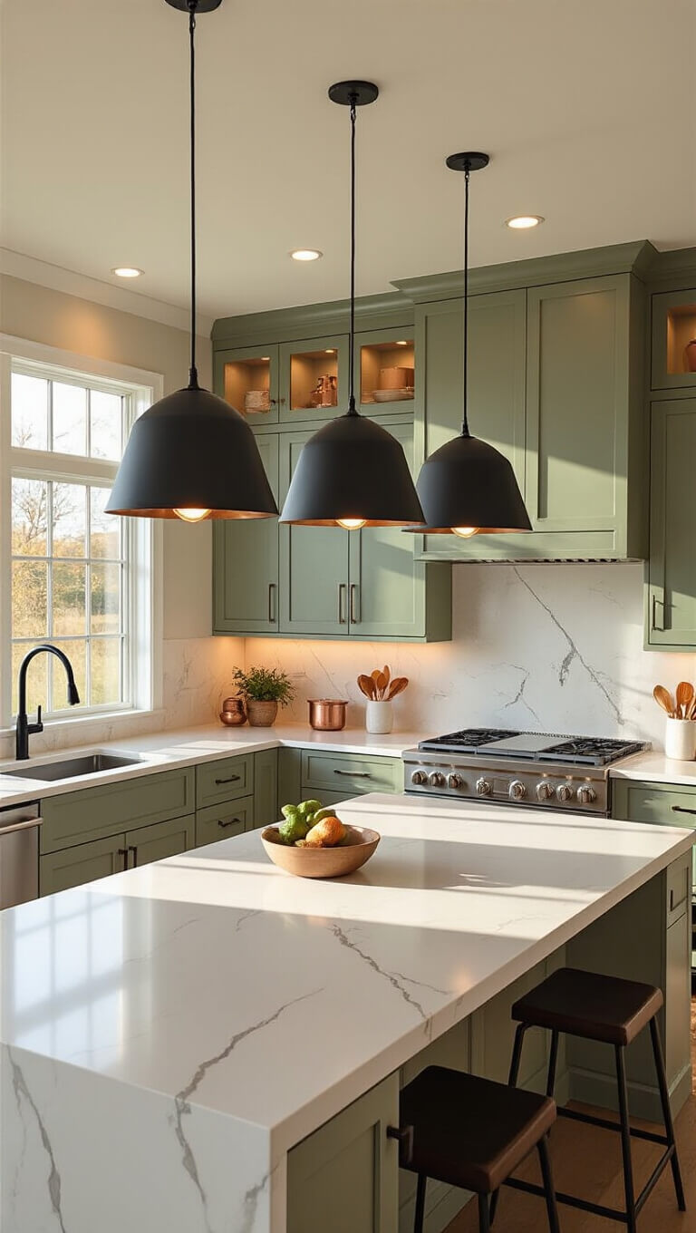 Modern chef's kitchen with white quartz island, sage green cabinets, and stainless appliances bathed in golden hour light.