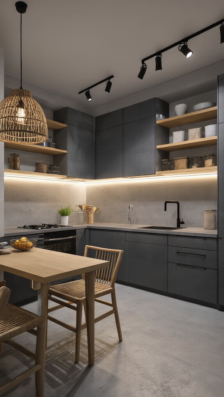 Minimalist 12x15ft urban kitchen at twilight with charcoal gray cabinets, blonde wood shelves, moody lighting, and industrial-modern fixtures.