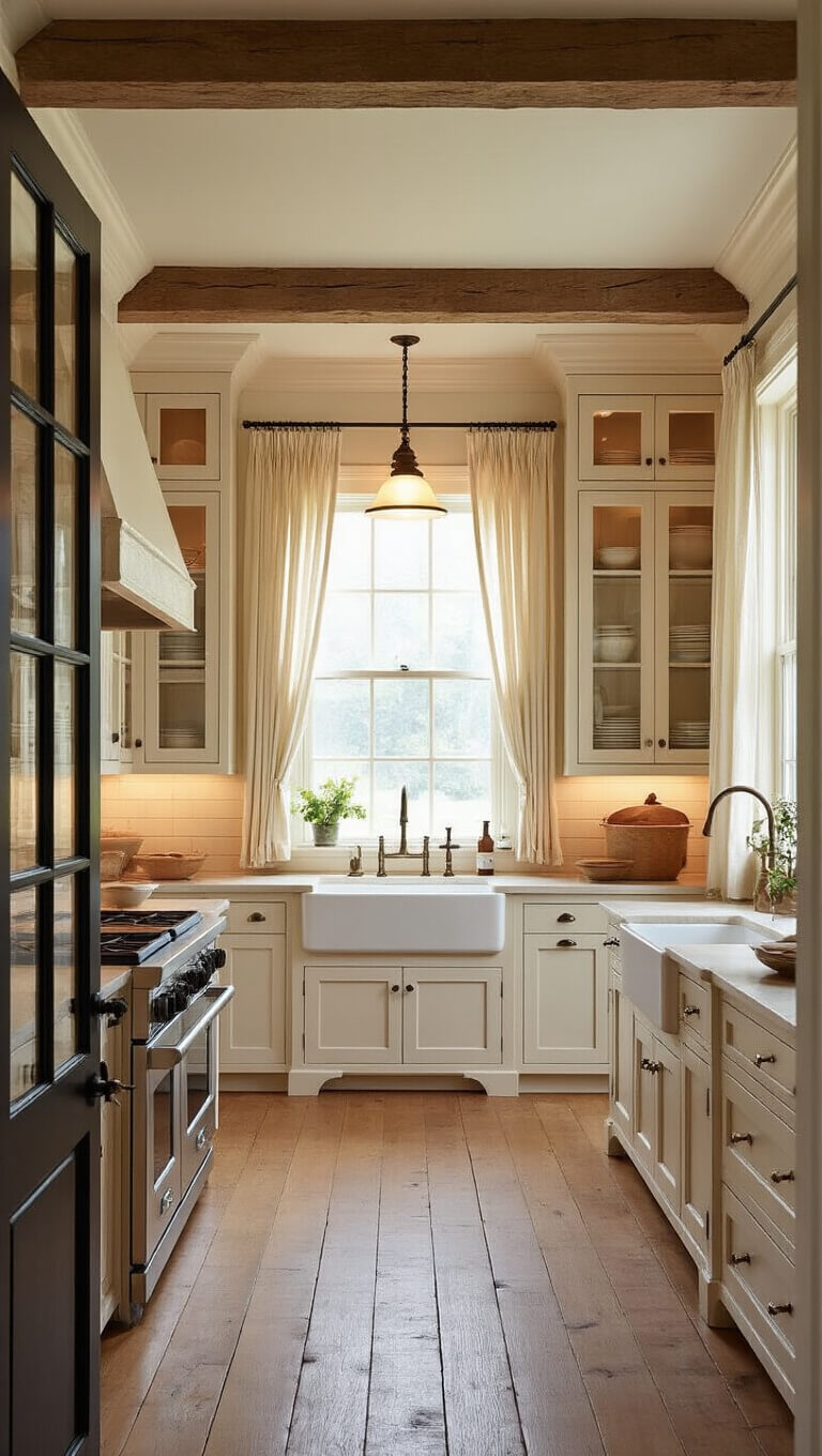 Bright farmhouse kitchen with cream shaker cabinets, exposed beams, oak floors, and vintage dishware, viewed from Dutch door entrance.
