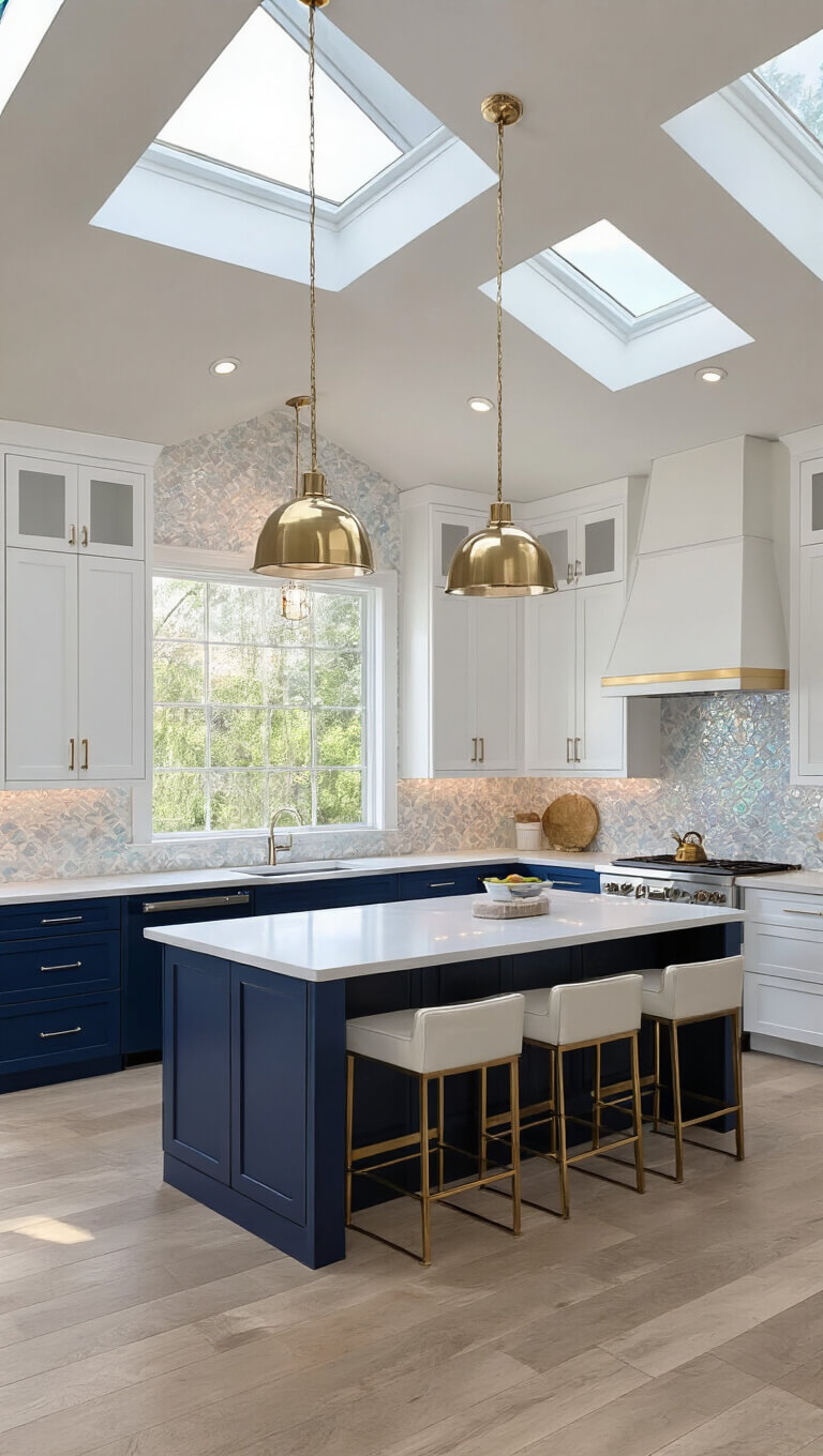 Contemporary coastal kitchen with vaulted ceiling, skylights, mixed metal lighting, navy and white cabinets, marble-look counters, and glass tile backsplash, viewed from dining area at golden hour.