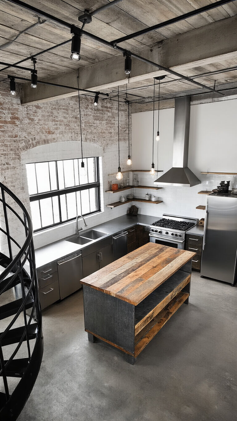 Industrial loft kitchen with exposed concrete ceiling, metal ductwork, Edison bulb pendants, steel and wood island, and stainless appliances, viewed from spiral staircase.