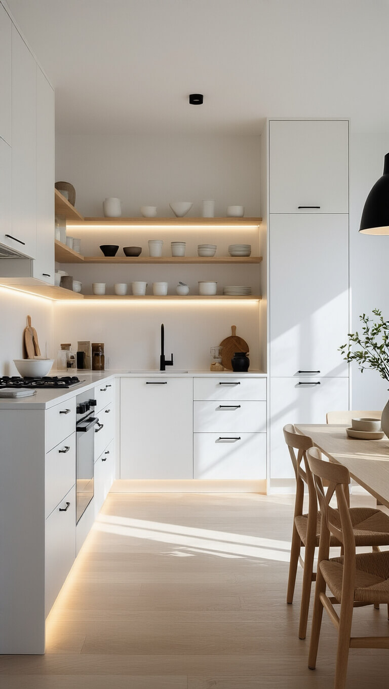 Scandinavian-inspired kitchen with white cabinets, pale ash shelving, matte black accents, and diffused natural light in a bright, airy space.