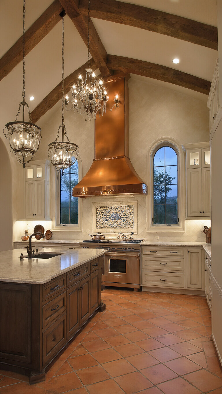 Luxe Mediterranean kitchen with terracotta floors, arched windows, crystal chandelier over large island, copper range hood, wood beam ceiling, and hand-painted tile backsplash, evening lighting.