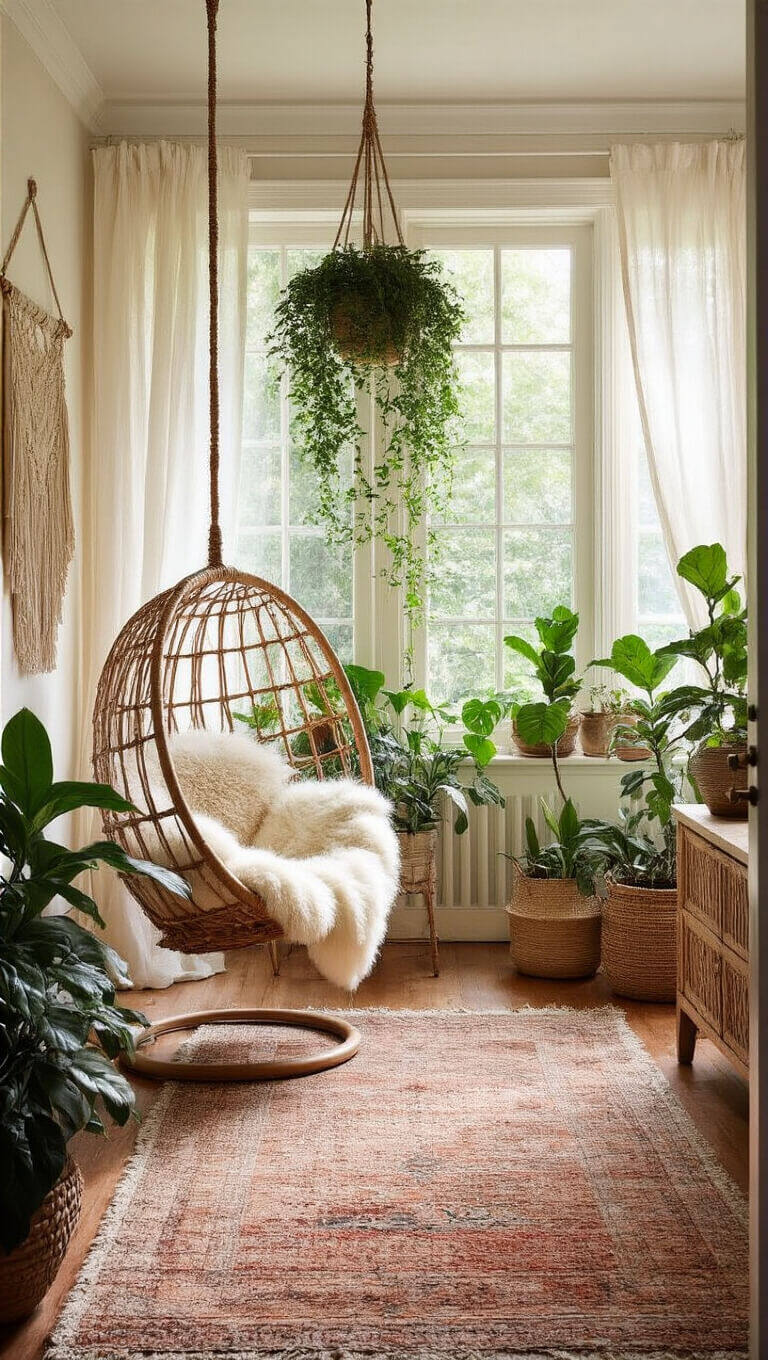 Bohemian sunroom with rattan egg chair, layered rugs, lush plants, and soft morning light through gauzy curtains.