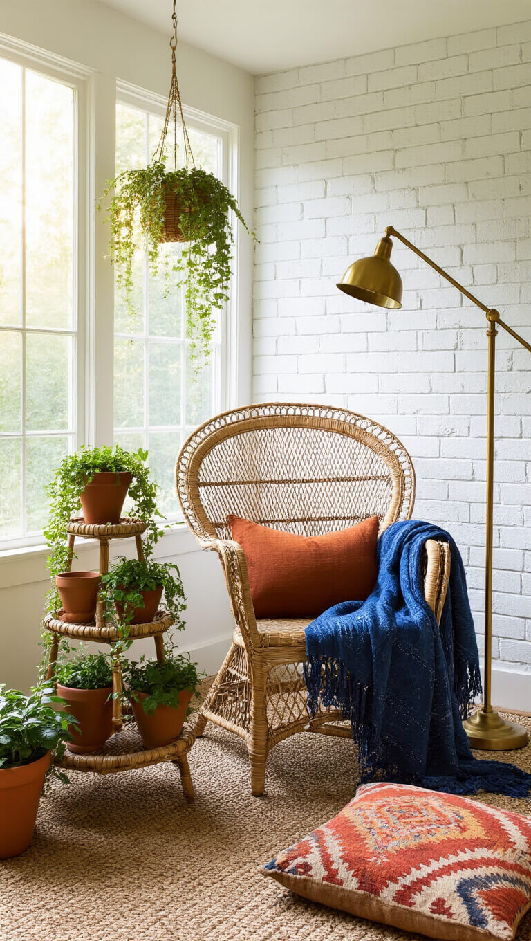 Eclectic sunroom corner with peacock chair, indigo throw, cascading plants, brass lamp, and vintage pillows at golden hour.