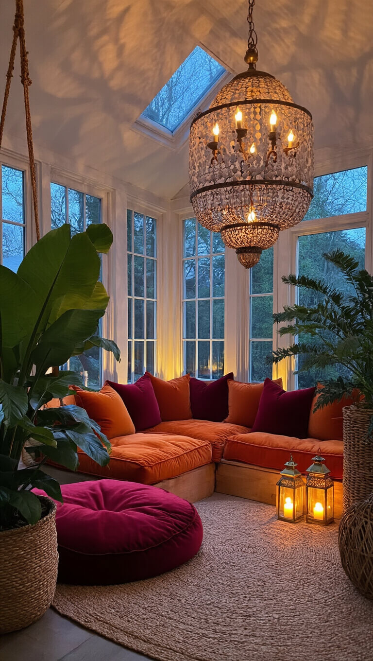 Cozy 11x13ft sunroom at dusk with floor cushions in burgundy and burnt orange velvets, brass lanterns, ZZ plant in woven planter, silk scarf wall art, and shell chandelier casting shadows in warm blue hour lighting.