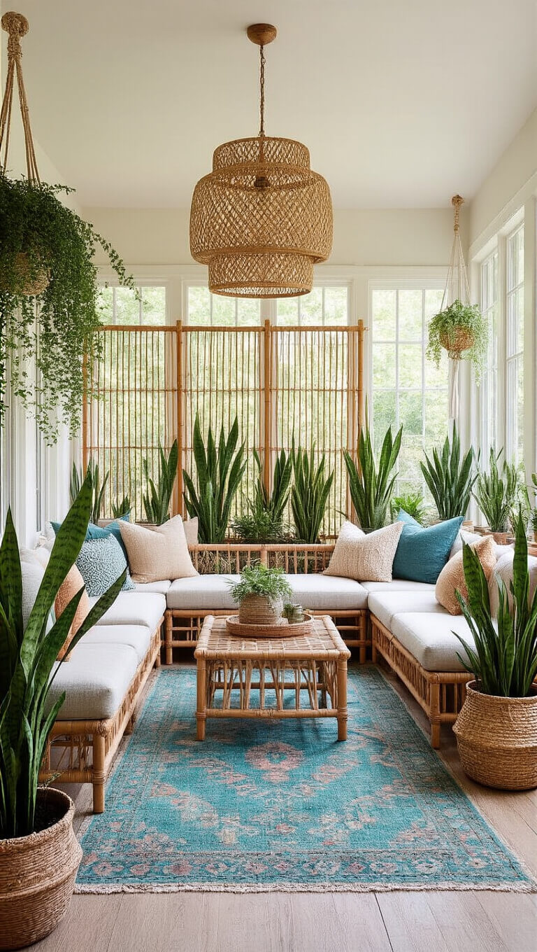 L-shaped sunroom with low modular linen seating, bamboo screen with macramé hangers, snake plants in woven baskets, teal and amber overdyed rug, and rattan pendant lights in bright natural midday light.