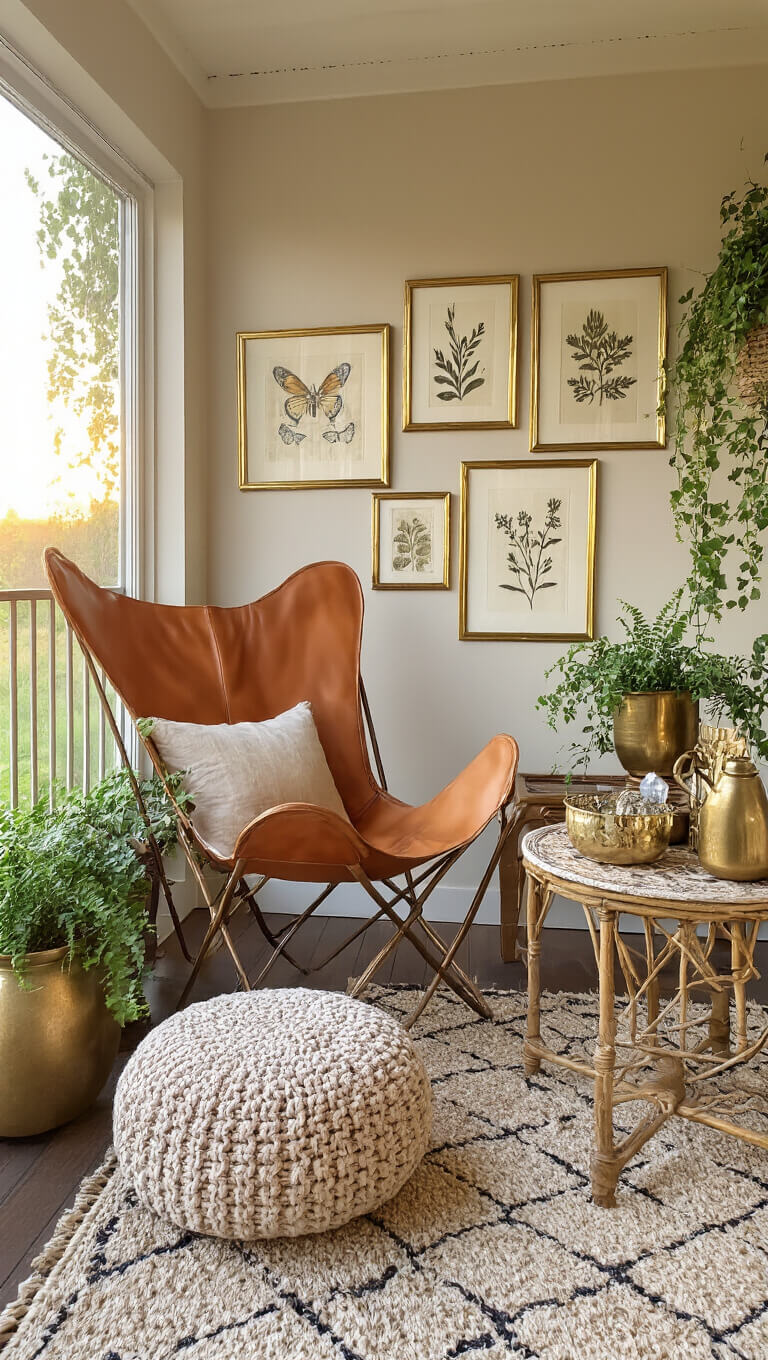 Bohemian sunroom at sunrise with vintage butterfly chair, crochet pouf, botanical gallery wall, and Moroccan tea table under golden hour lighting.