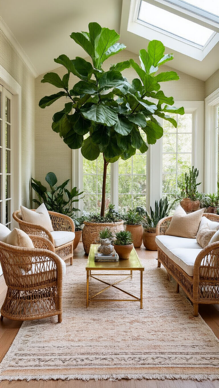 Symmetrical California boho sunroom with rattan peacock chairs, brass coffee table, vintage rugs, large fiddle leaf fig tree, ceramic succulents, and grasscloth wallpaper in natural morning light.