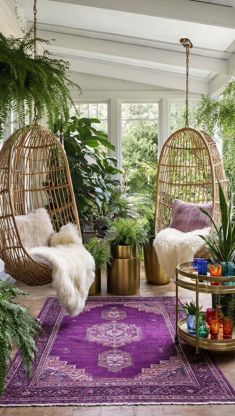 Sunlit 12x18ft sunroom with double hanging chairs draped in sheepskin, natural cane divider, brass planters with ferns, purple overdyed Persian runner, and vintage bar cart with colored glass, viewed from a low angle in dramatic boho glamour style.
