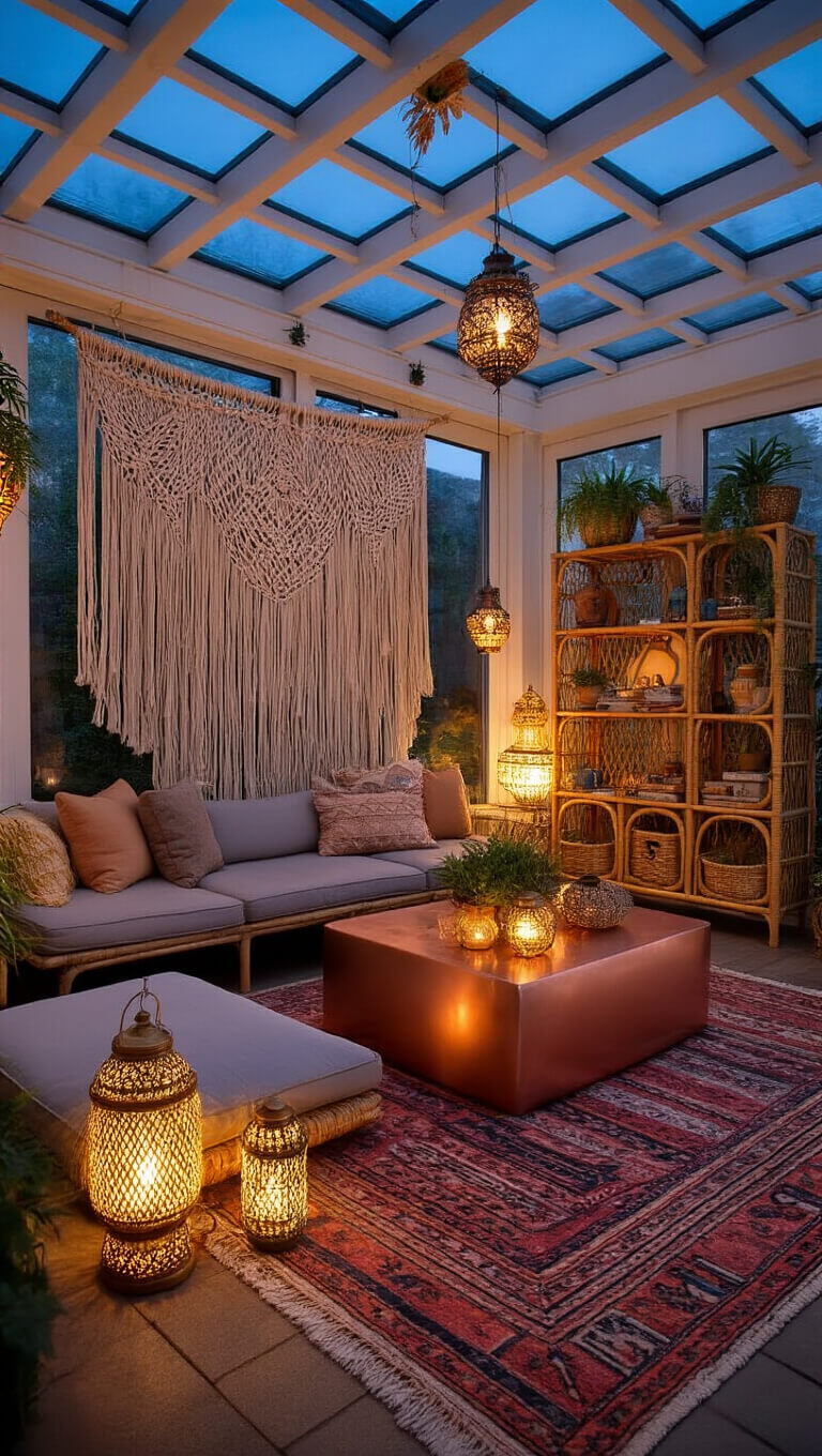 Bohemian-style 14x14ft sunroom at twilight with floor cushions around a low copper table, layered sunset-toned vintage rugs, macramé wall art with air plants, Moroccan lanterns, and a rattan shelf filled with curiosities under warm ambient lighting.