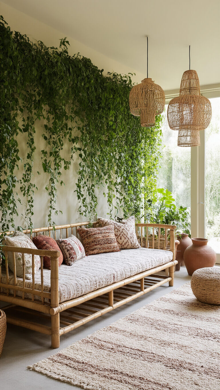 Minimal boho zen sunroom with bamboo daybed, block print textiles, living wall, ceramic vessels, Berber rug, and rattan pendant lights in warm morning light.