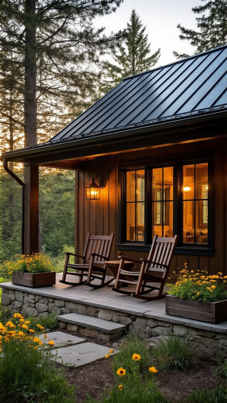 Cozy 400 sq ft cedar cabin at golden hour with dark roof, covered porch, teak rocking chairs, copper lanterns, and forest backdrop.