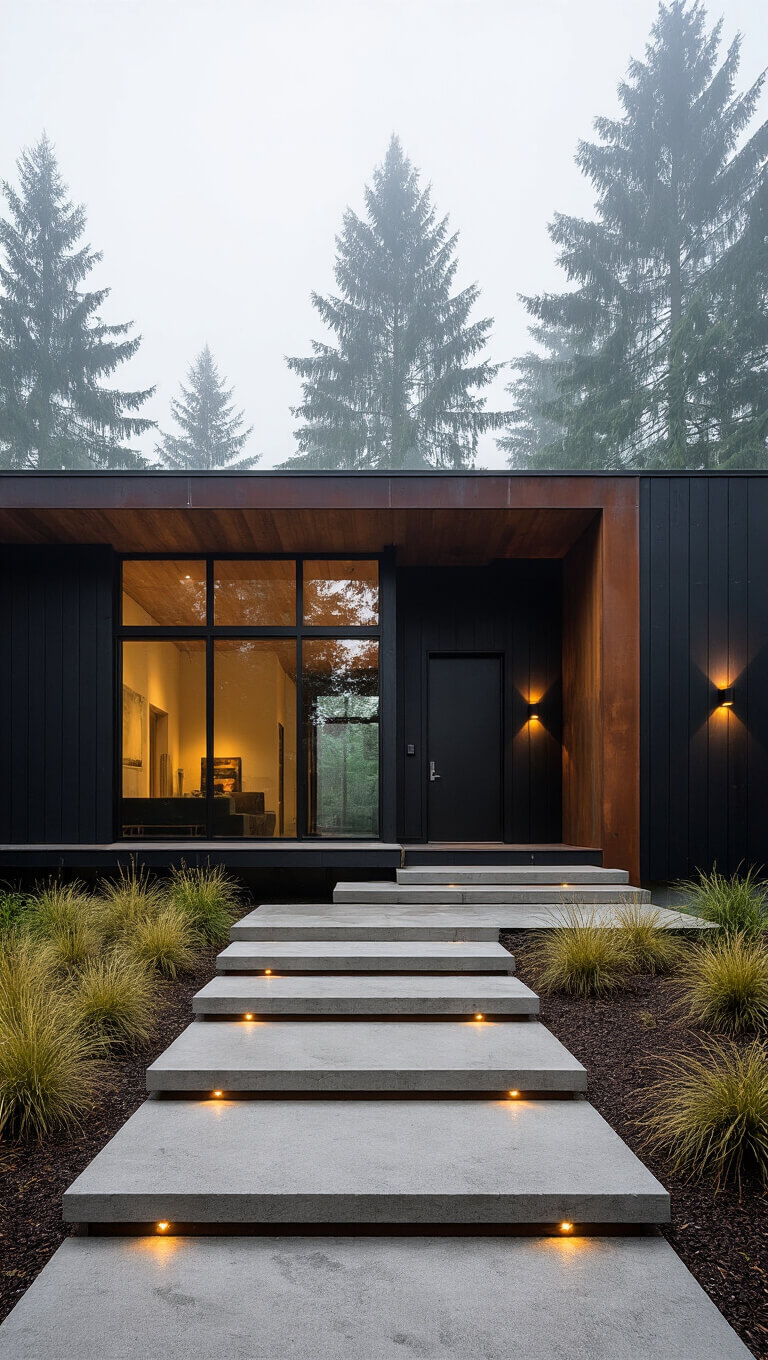 Modern cabin with black cedar siding, cor-ten steel accents, large windows reflecting evergreens, and foggy morning light.