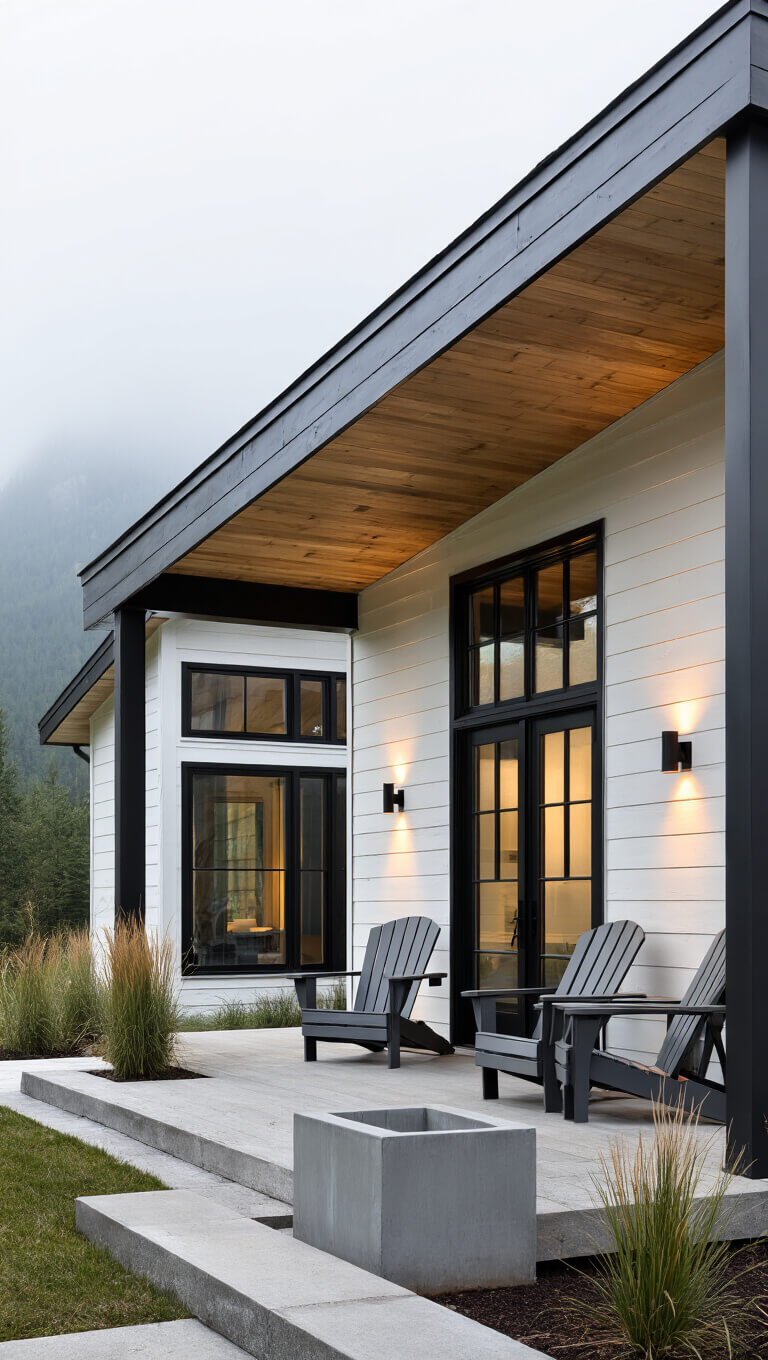 Nordic-style cabin with pale pine siding, black-framed windows, and metal roof, set against misty mountains.