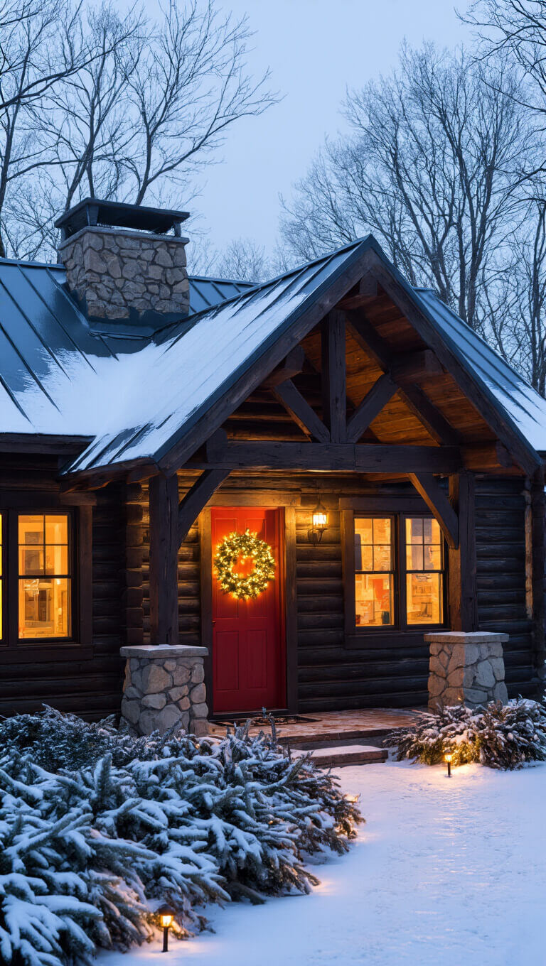 Rustic log cabin at winter twilight with snow-covered roof, glowing windows, and a wreath-lit red door, surrounded by evergreens and illuminated snowy path.