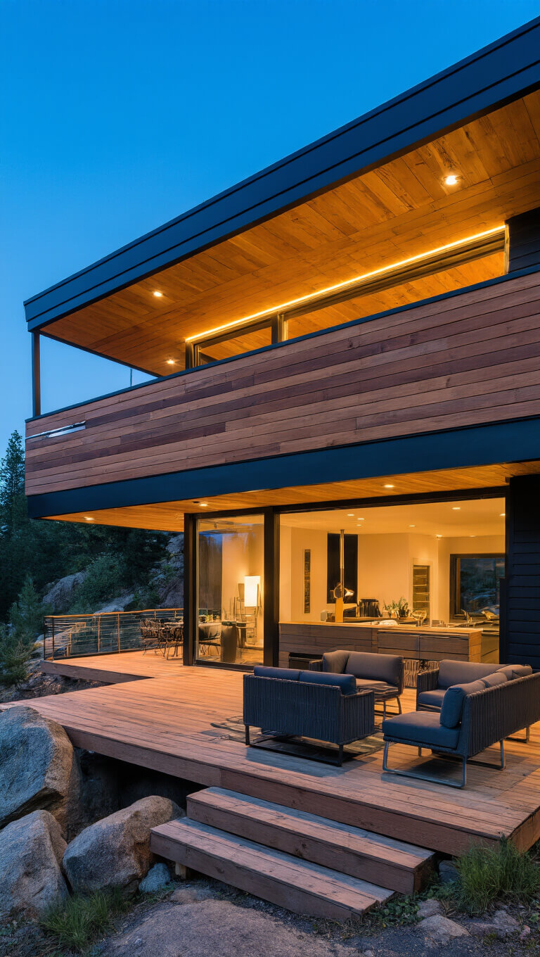 Mid-century modern cabin with cedar and black metal exterior, cantilevered deck, glass railings, and LED lighting at blue hour.