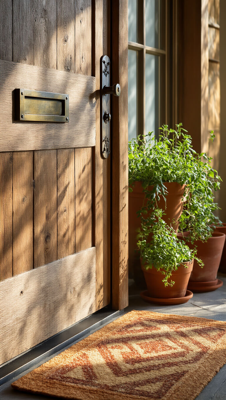 Close-up of rustic cabin entrance with hand-hewn timber, vintage brass hardware, ironwork, and terracotta pots of herbs in morning light.